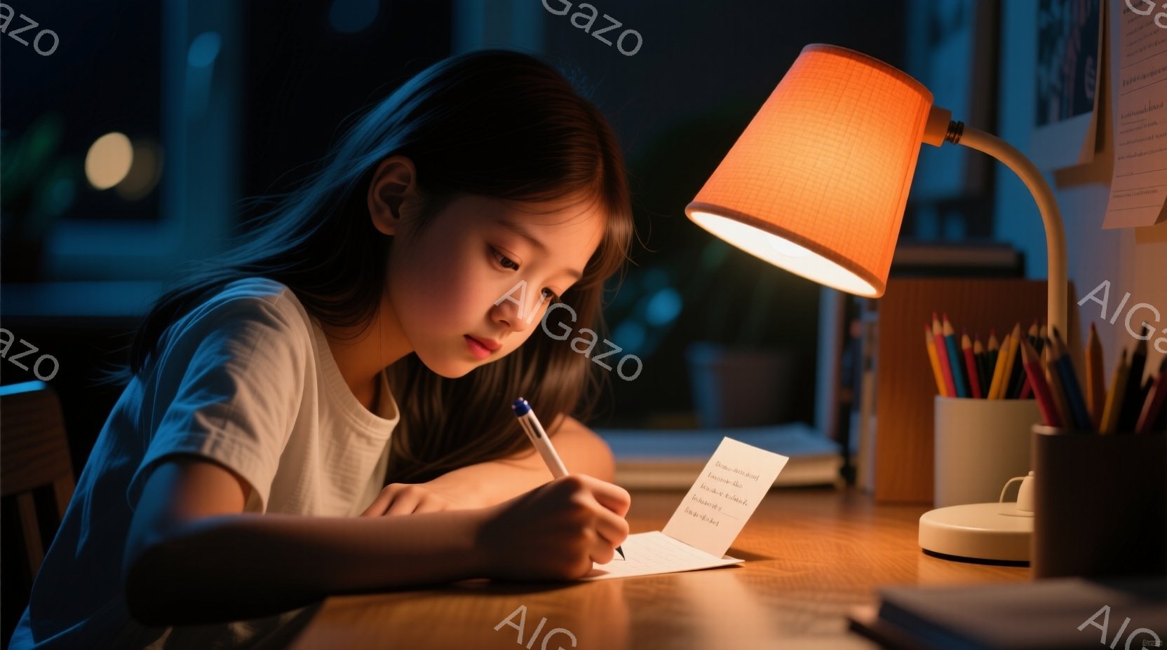 少女は机に向かい、集中して何かを書き込んでいる。彼女は短い茶色の髪をしており、Tシャツを着ている。背景にはペン立てや書類が置かれ、暖色のデスクライトが彼女を照らし、真剣かつ落ち着いた雰囲気を醸し出している。