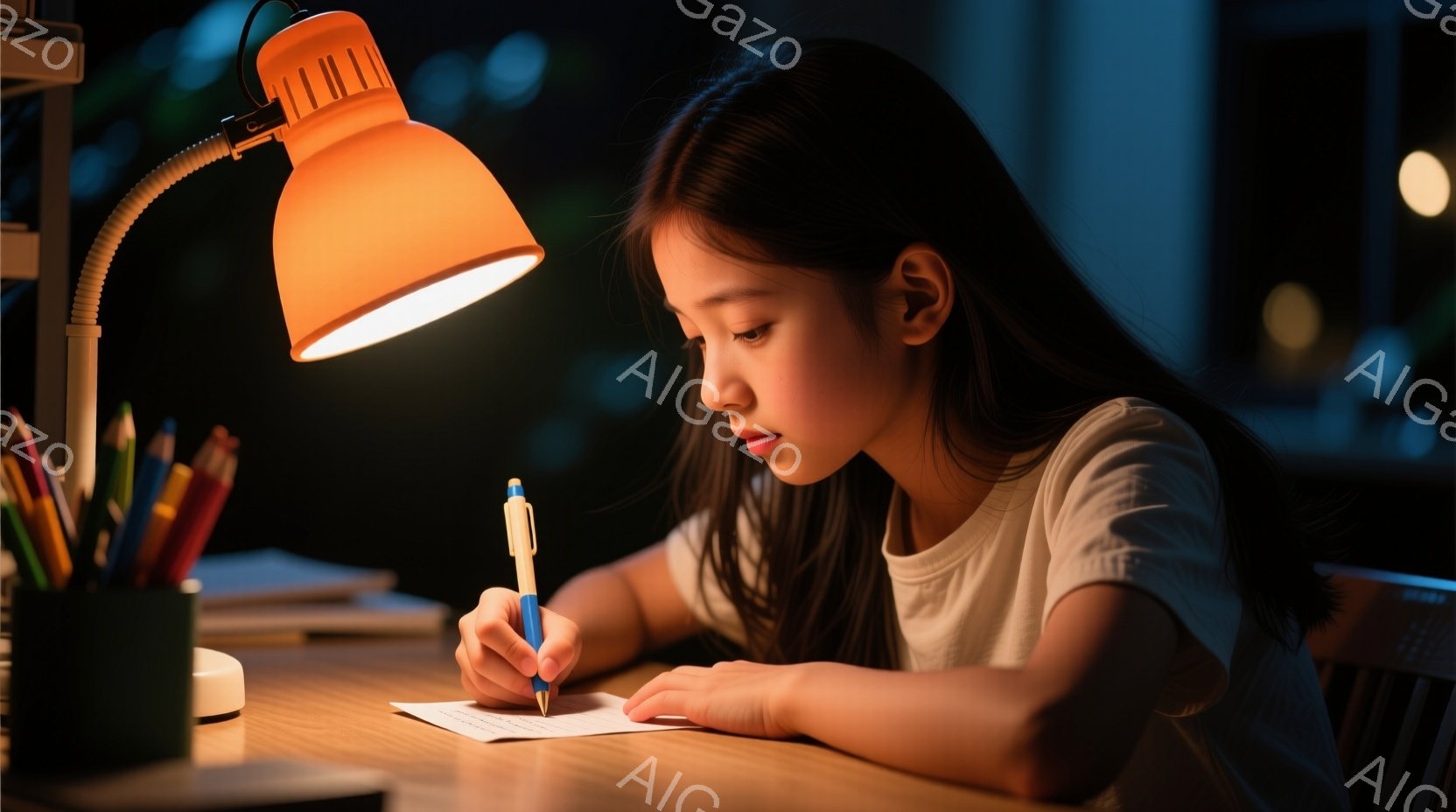 明るいデスクライトの下で、少女が真剣な表情で紙に何かを書き込んでいる。彼女は白いTシャツを着ており、長い黒髪は後ろでまとめてある。背景には、ペン立てやノートが見え、集中して勉強している静かな夜の雰囲気を感じさせる。