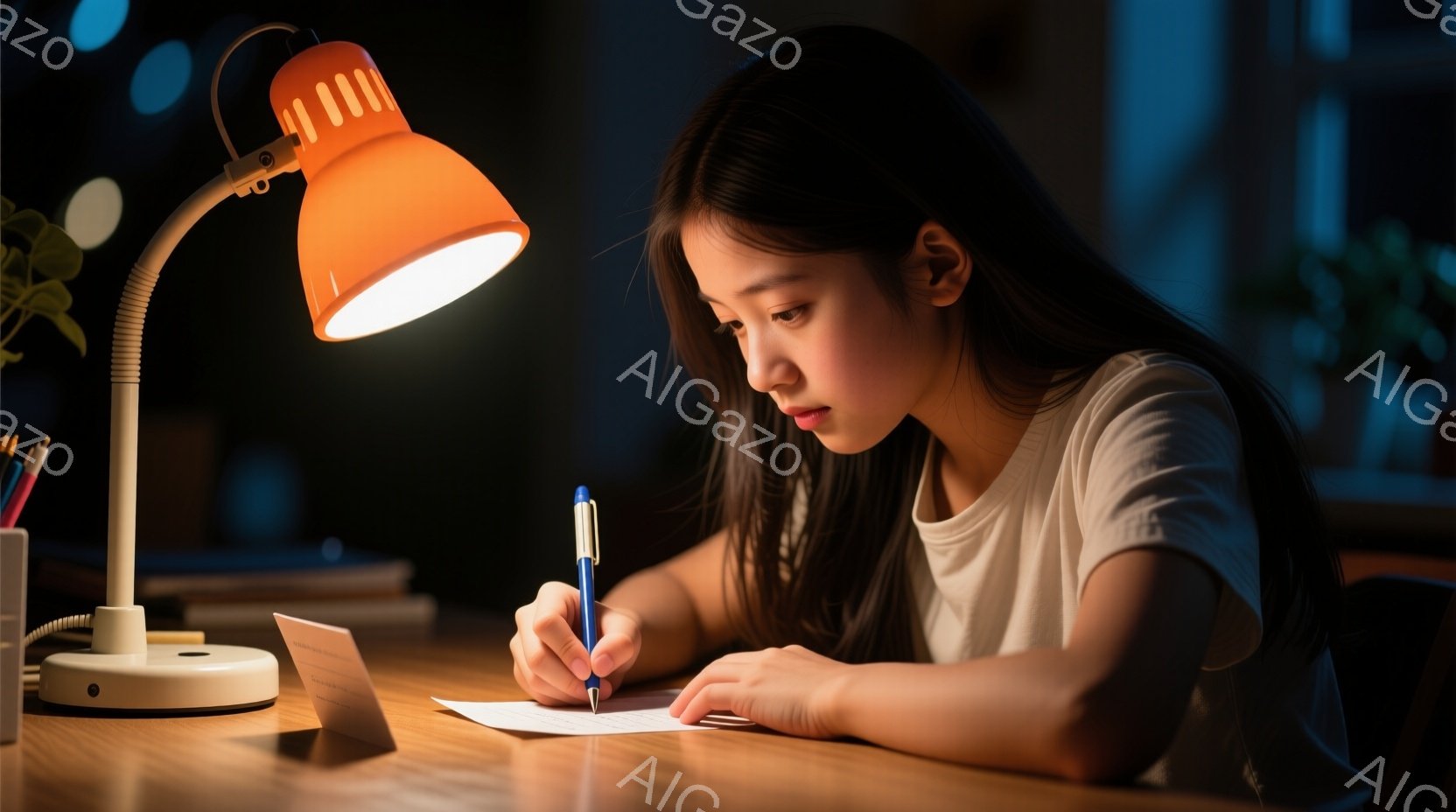 長い黒髪を後ろに垂らし、白いTシャツを着た若い女性が、机に向かって何かを書き込んでいる。集中した表情で、青いペンを手に、手元の紙に注意を払っている。背景は暗く、机の上のランプが彼女を照らし、集中して勉強する静かな夜の雰囲気が漂っている。