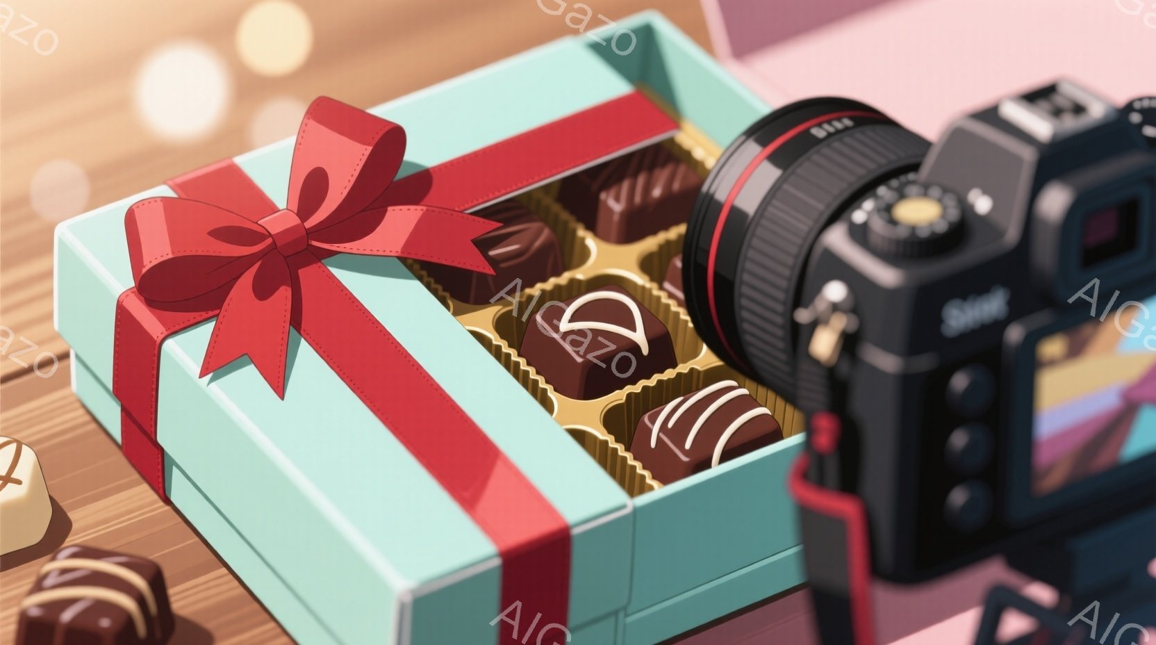 薄い水色のギフトボックスの中に、様々な種類のチョコレートが並べられています。赤いリボンが上品に結ばれており、隣には黒いデジタルカメラが置かれています。背景は少しぼやけており、暖かい光が差し込んで、甘く - AI生成フリー素材