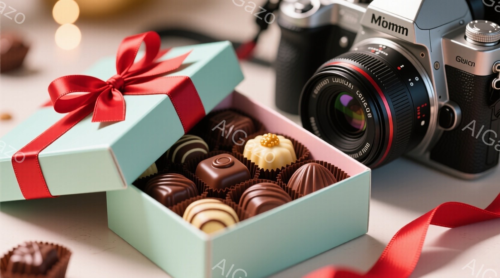 薄い緑色のギフトボックスが開き、中には様々なチョコレートが並んでいる。赤いリボンが華やかに飾られており、その隣にはプロフェッショナルなデジタル一眼レフカメラが置かれている。全体的に暖かく、甘い雰囲気が漂い、特別な日のプレゼントや記念品を連想させる。