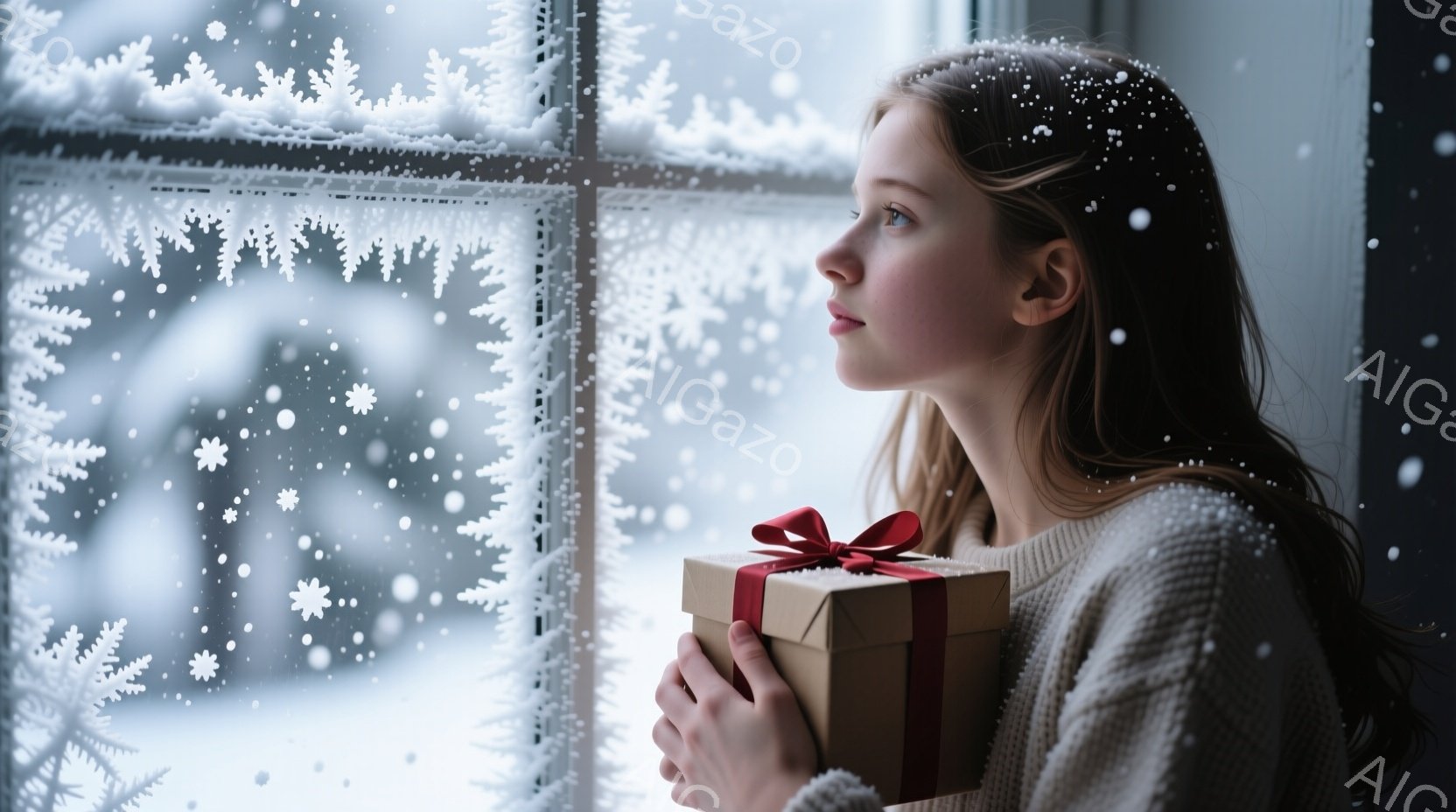 長い茶色の髪をサイドに流した若い女性が、窓の外を物憂げに見つめている。彼女は白いセーターを着ており、両手で茶色のリボンで結ばれたプレゼントの箱を抱きしめている。背景は雪が降り積もる冬景色で、窓枠には雪の結晶の模様が描かれ、静かで少し寂しげな雰囲気を醸し出している。