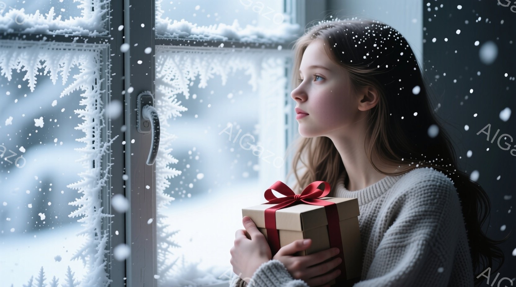 長い茶色の髪を無造作に垂らし、白いセーターを着た若い女性が窓辺に立っている。彼女は赤いリボンで結ばれた正方形のギフトボックスを抱き、外の雪景色を物憂げな表情で見つめている。背景には雪に覆われた木々が見 - AI生成フリー素材