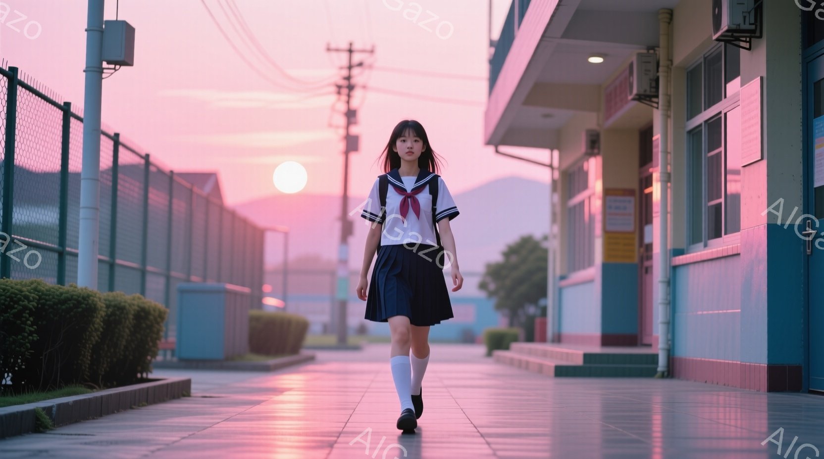 制服姿の女子高生が、学校の廊下をまっすぐ歩いている。彼女は白いブラウスに紺色のスカート、白いソックスと黒いローファーを履き、長い黒髪を背中に垂らしている。背景には、夕焼け空の下、学校の建物と緑豊かな植物が見え、全体的にノスタルジックで少し寂しげな雰囲気が漂っている。