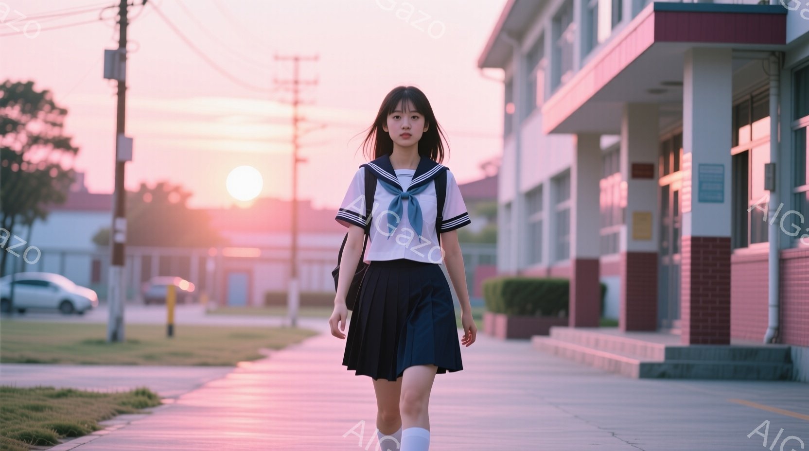 制服を着た若い女性が、コンクリートの歩道を正面に向かって歩いている。彼女は白いシャツに濃い青色のプリーツスカート、白いソックス、そして長いストレートヘアをしています。背景にはレンガ造りの建物と夕焼け空が広がり、穏やかで少し寂しげな雰囲気が漂っている。