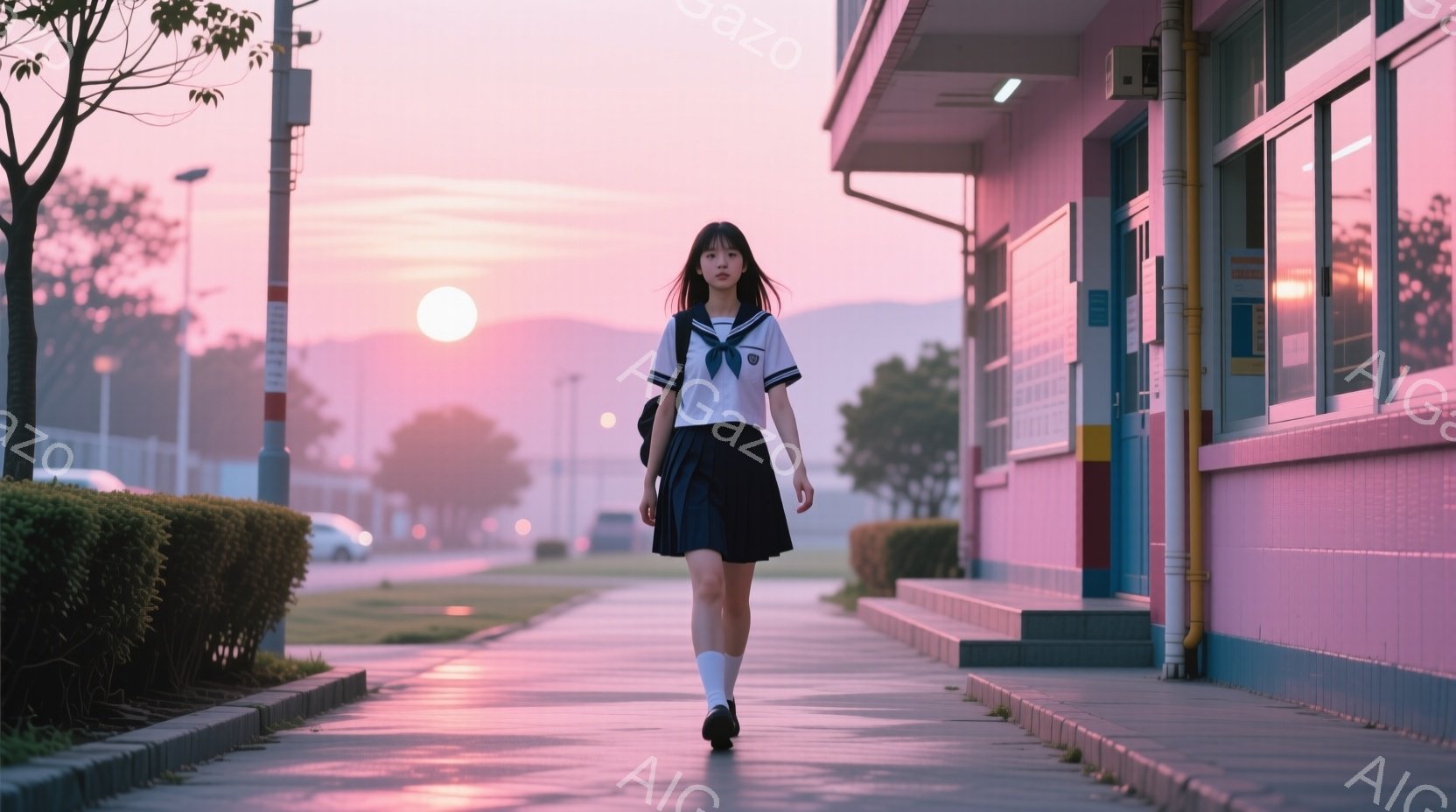 制服を着た女子学生が、学校の廊下らしき場所を歩いている。彼女は濃い眉とストレートヘアで、少し物憂げな表情をしている。背景は夕焼け空で、学校の建物と緑の芝生が広がっており、全体的にノスタルジックで寂しげな雰囲気を醸し出している。