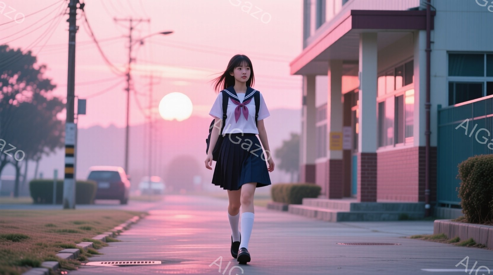 制服を着た女子学生が歩道を歩いている。彼女は膝丈のプリーツスカート、白いシャツ、ネクタイ、白いソックス、黒い靴を履いており、髪は長くストレートで、少し風になびいている。背景には、夕焼け空の下の建物や木々が見え、全体的にノスタルジックで落ち着いた雰囲気を醸し出している。