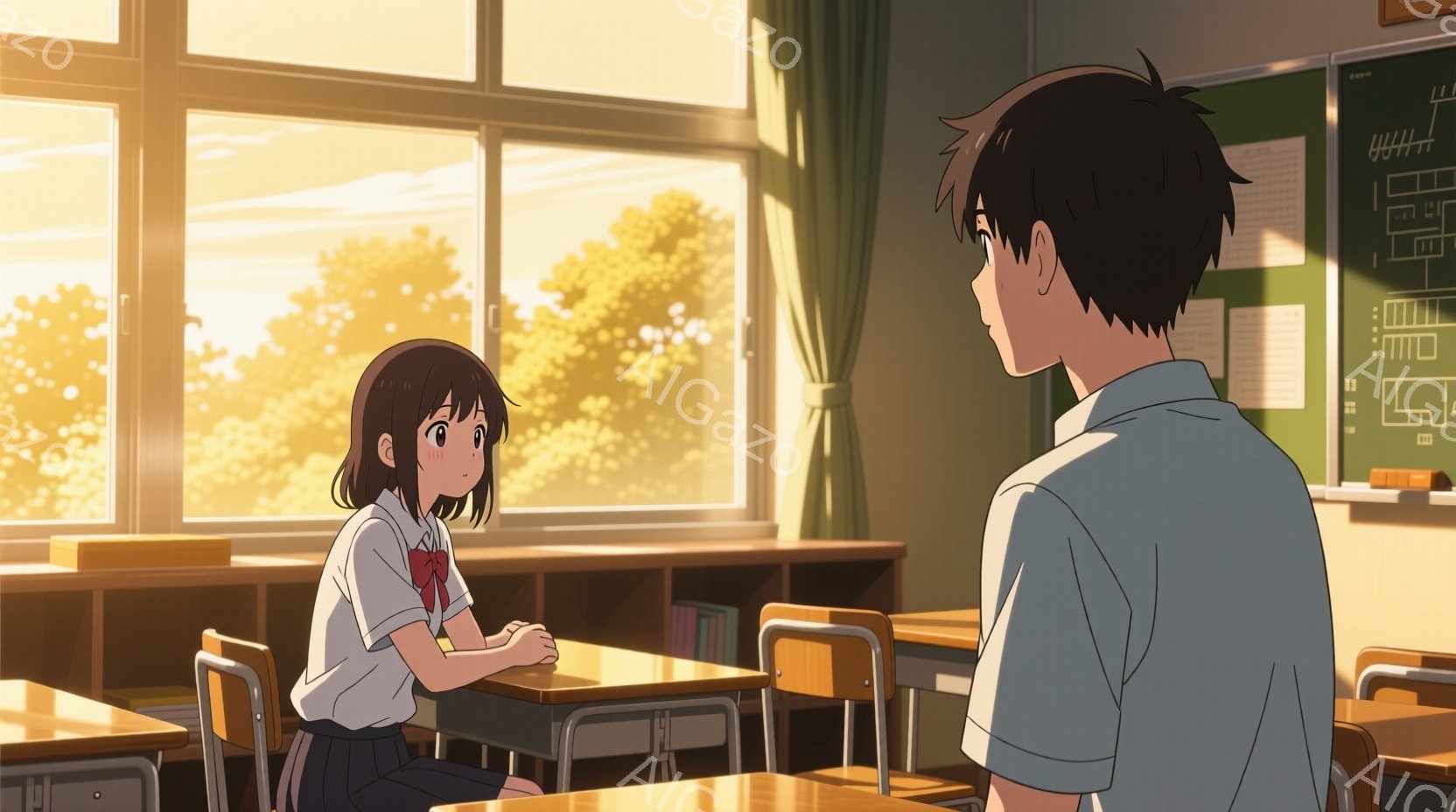 教室の窓から差し込む夕日の光が、室内をオレンジ色に染めています。女子生徒は紺色のセーラー服に短い茶髪で、少し物憂げな表情で机に座っています。男子生徒は背を向けていますが、白いシャツに紺色のブレザーを着ており、二人は静かに何かを話している様子が伺えます。