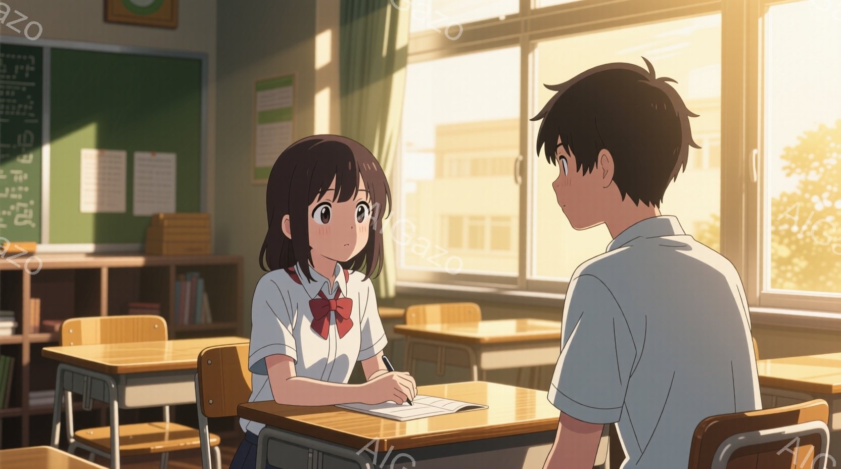 教室のシーンで、女子生徒は制服を着て、茶色の短い髪にリボンをつけています。彼女は少し照れたような表情で、机に向かって何かを書いています。窓からは光が差し込み、教室全体が温かい雰囲気に包まれています。 - AI生成フリー素材