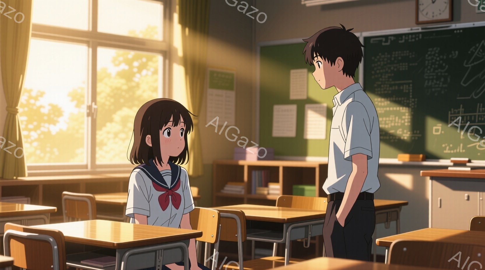 教室の内部で、女子生徒は制服姿で椅子に座り、少し緊張した表情で正面を見つめている。男子生徒は彼女の隣に立ち、手はズボンのポケットに入れ、少し憂いのある表情で彼女を見下ろしている。窓から差し込む暖かい光 - AI生成フリー素材