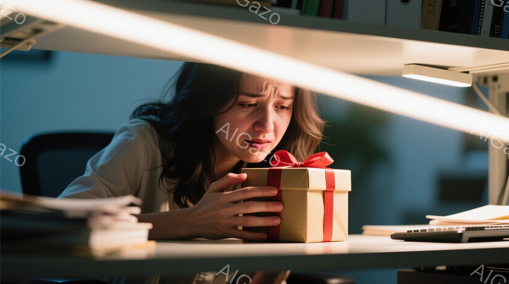 長い黒髪の女性が、プレゼントの箱を抱きしめて涙を浮かべています。彼女は白いシャツを着ており、少し悲しげな表情をしています。背景にはオフィスのような場所が見え、書類や本棚などが写っています。