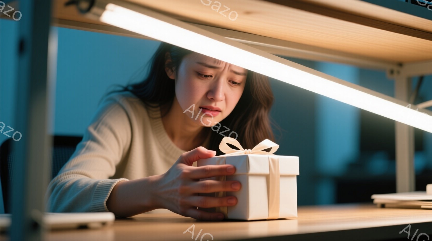 長い黒髪の女性が、明るい木製のテーブルの上に置かれた白いギフトボックスを両手で抱えています。彼女はベージュ色のセーターを着ており、少し悲しそうな表情をしています。背景は少しぼやけており、オフィスや室内のような雰囲気が漂い、テーブルの上には書類などが置かれています。