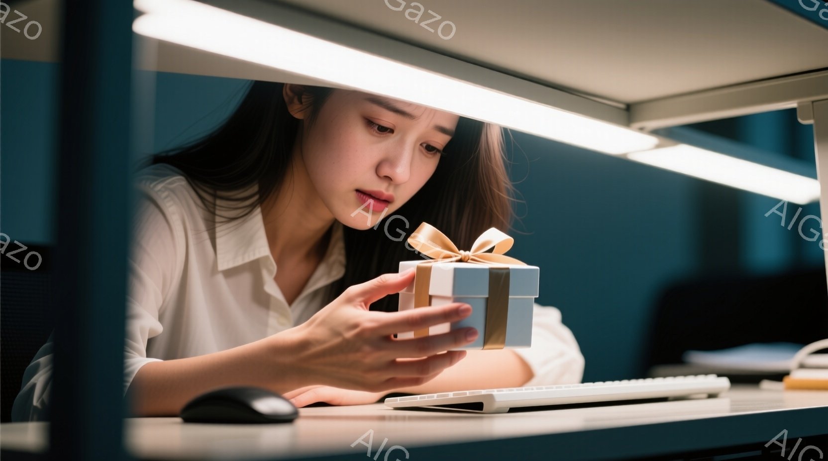 若い女性が、リボンのかかった小さなギフトボックスを両手でそっと持っています。彼女は白いシャツを着ており、長い黒髪は肩にかかっています。背景には、キーボード、マウス、そして明るい照明があり、室内で何かに心を込めているような、静かで内省的な雰囲気が漂っています。