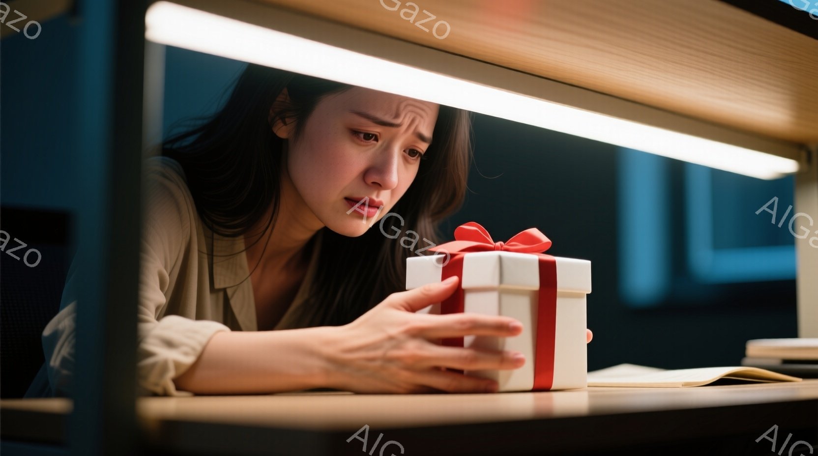 長い黒髪を肩から下で伸ばした女性が、白い箱に赤いリボンをつけたプレゼントを見つめています。彼女はベージュ色のシャツを着ており、困惑または悲しそうな表情を浮かべて、肘をついてプレゼントに近づいています。背景は暗く、テーブルの上に書類がわずかに見え、全体的に室内でやや憂鬱な雰囲気が漂っています。
