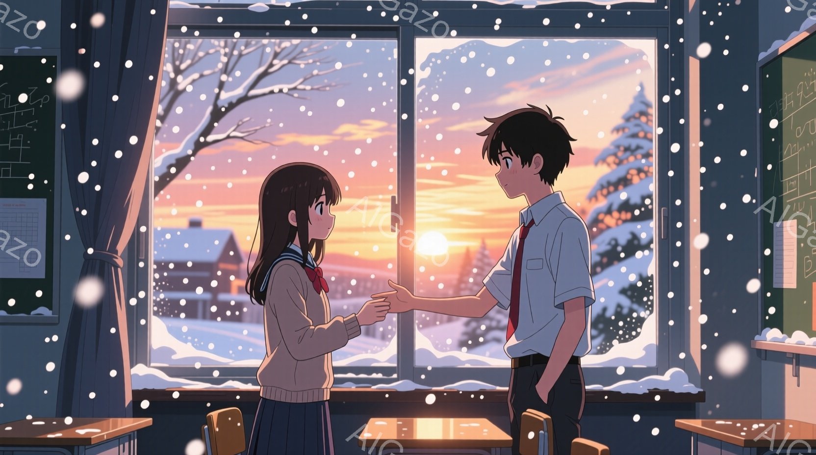少女はセーラー服にニットベストを着ており、長く茶色の髪は肩にかかっています。少年は制服姿で、少し顔を赤らめて少女に手を差し伸べています。背景には雪景色が広がり、窓の外には夕焼け空が広がっており、教室の机と椅子が並んでいます。