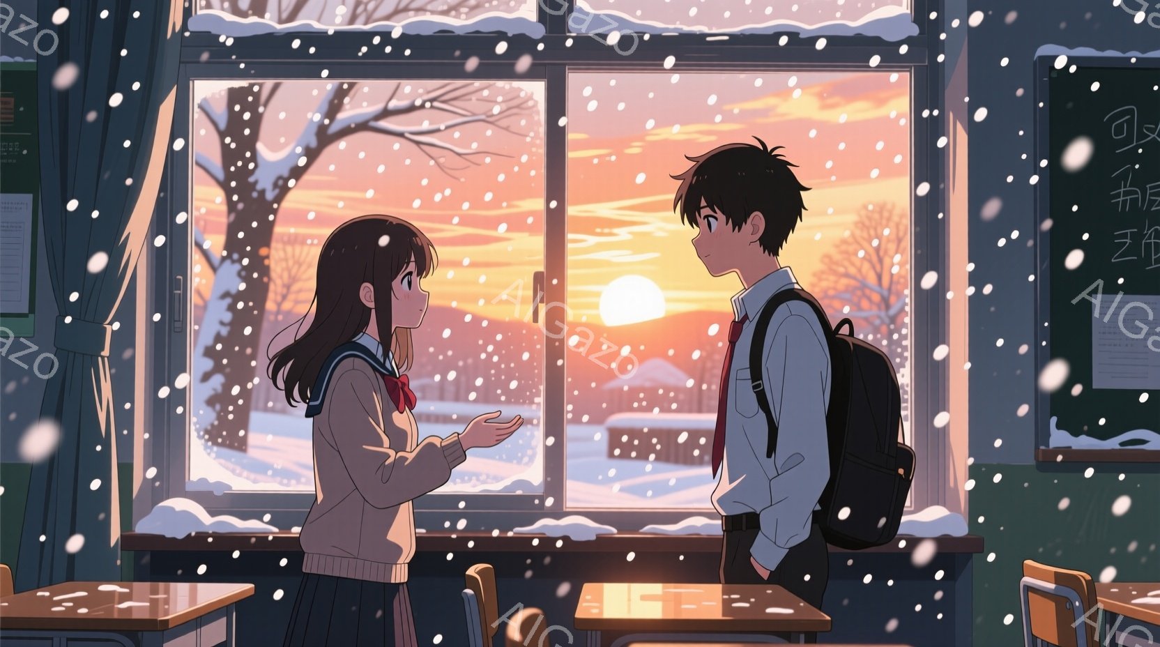 雪が降る夕暮れ時の教室で、女子生徒はセーラー服にベージュのカーディガンを着て、何かを熱心に話しています。男子生徒は制服を着て、黒髪を撫でつけながら彼女の話を聞いています。窓の外には雪景色が広がり、遠く - AI生成フリー素材