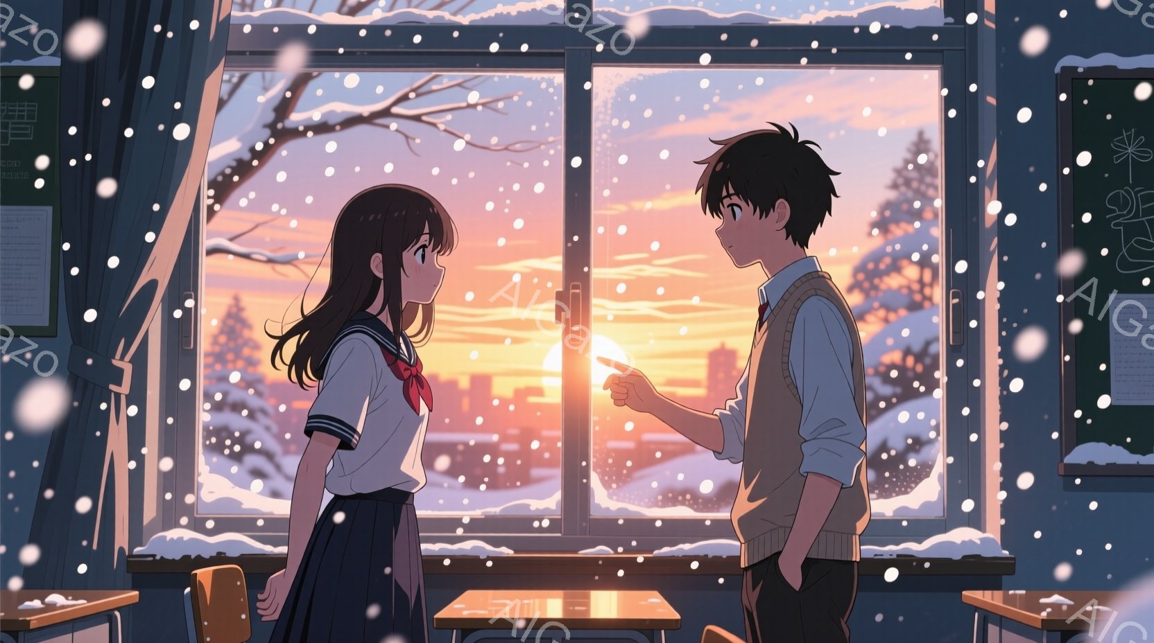 少女は白いブラウスに紺色のスカート、長い黒髪をなびかせ、窓の外を眺めている。少年はベージュのベストに白シャツ、紺色のズボンを着用し、指で遠くを指し示している。背景には雪景色が広がり、オレンジ色の夕日が - AI生成フリー素材