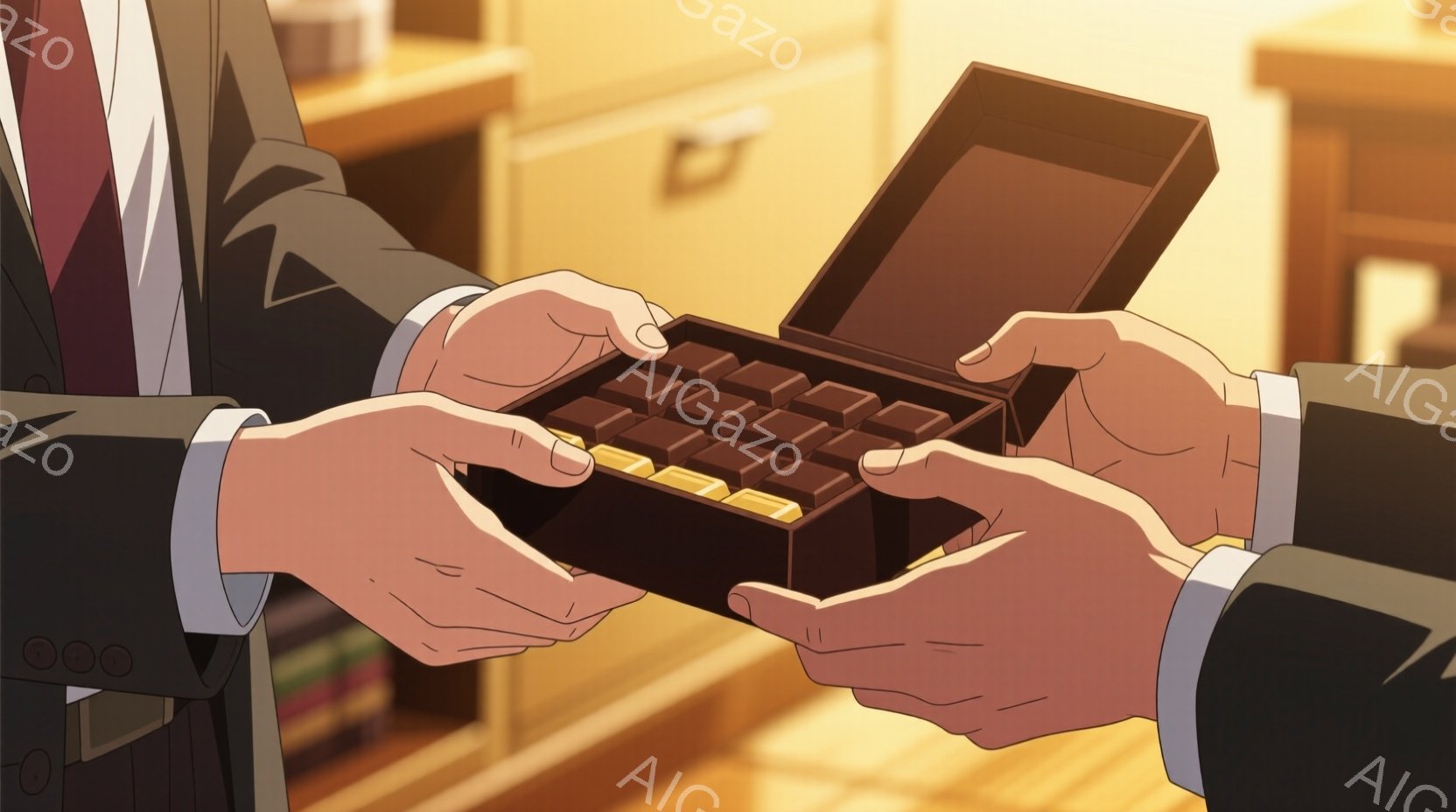 チョコレートの詰め合わせが入った箱を誰かが渡している場面を描いています。箱は黒で、金色のラッピングがされたチョコレートが整然と並んでいます。背景には木製の家具が見え、暖色系の照明が優雅な雰囲気を作り出しています。