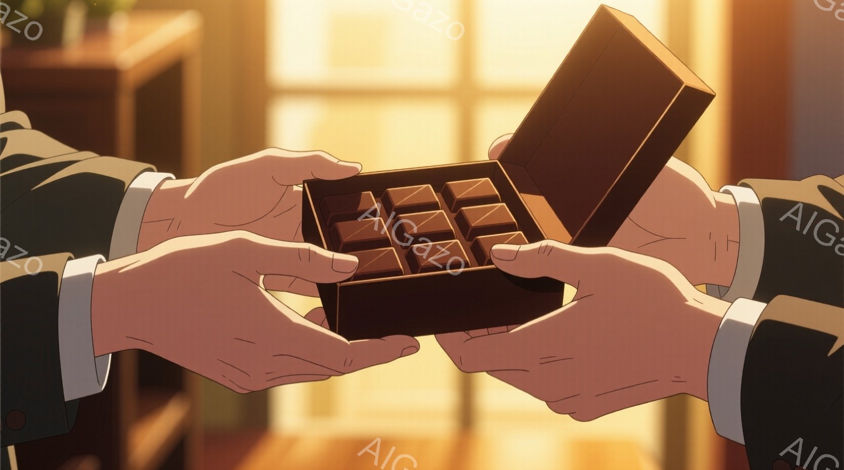 チョコレートが並んだ箱を両手が差し出している様子が描かれている。着用者は黒いスーツと白いシャツ、手袋をつけており、背景は木製の床と柔らかな光が差し込む室内で、落ち着いた雰囲気を醸し出している。箱の中のチョコレートは茶色で四角い形をしており、贈り物や特別な機会を示唆している。