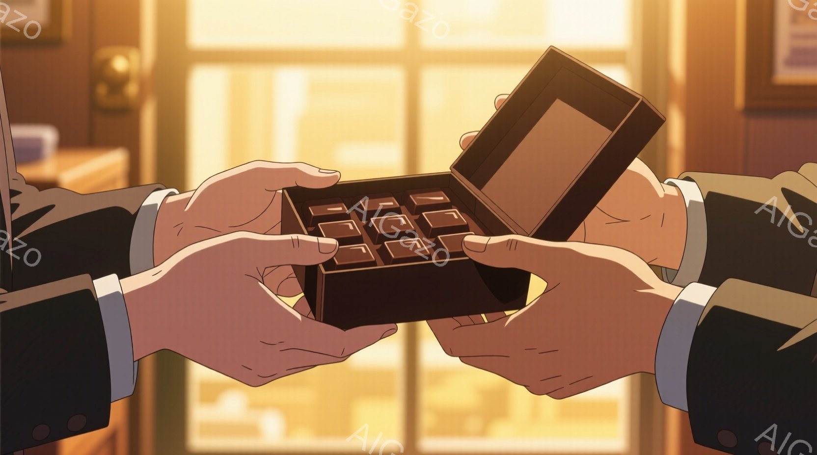 チョコレートが並んだ箱を二人の手が渡している様子が描かれている。手はフォーマルなスーツの袖から覗いており、相手に丁寧にチョコレートを渡す仕草が窺える。背景は明るい光が差し込む窓と、ぼんやりとした室内の様子で、落ち着いた、温かい雰囲気が感じられる。