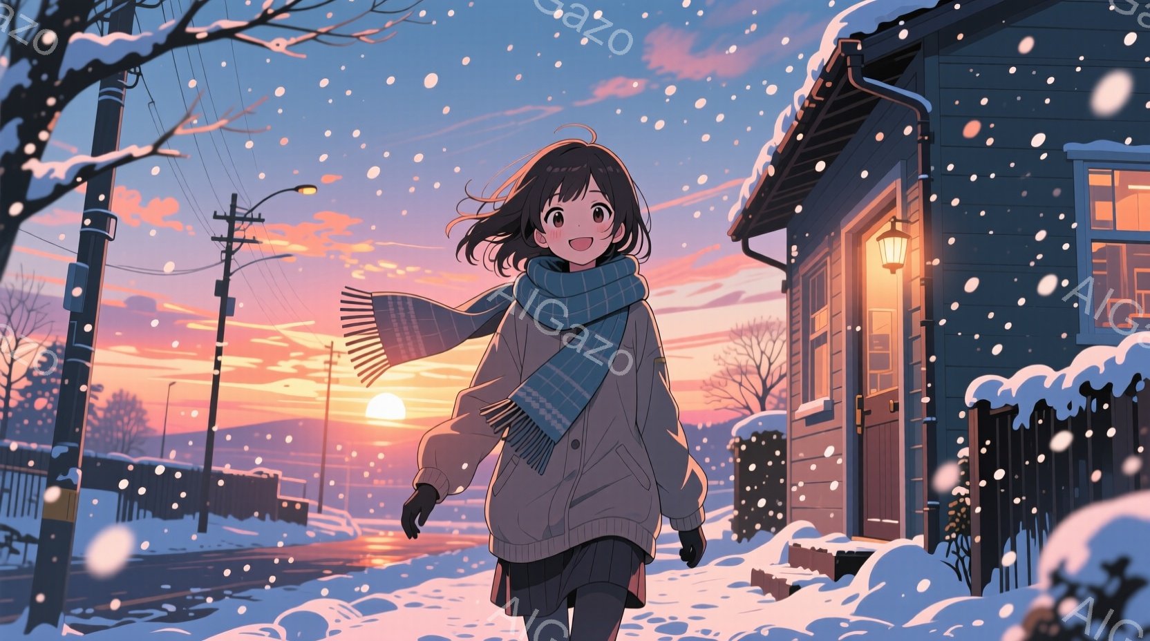 短い黒髪の少女が、白いコートとチェックのスカート、そして水色のマフラーを身に着けて雪道を歩いている。彼女は微笑んでおり、どこか楽しそうな表情をしている。背景には雪に覆われた家々や電柱が見え、夕焼け空が - AI生成フリー素材