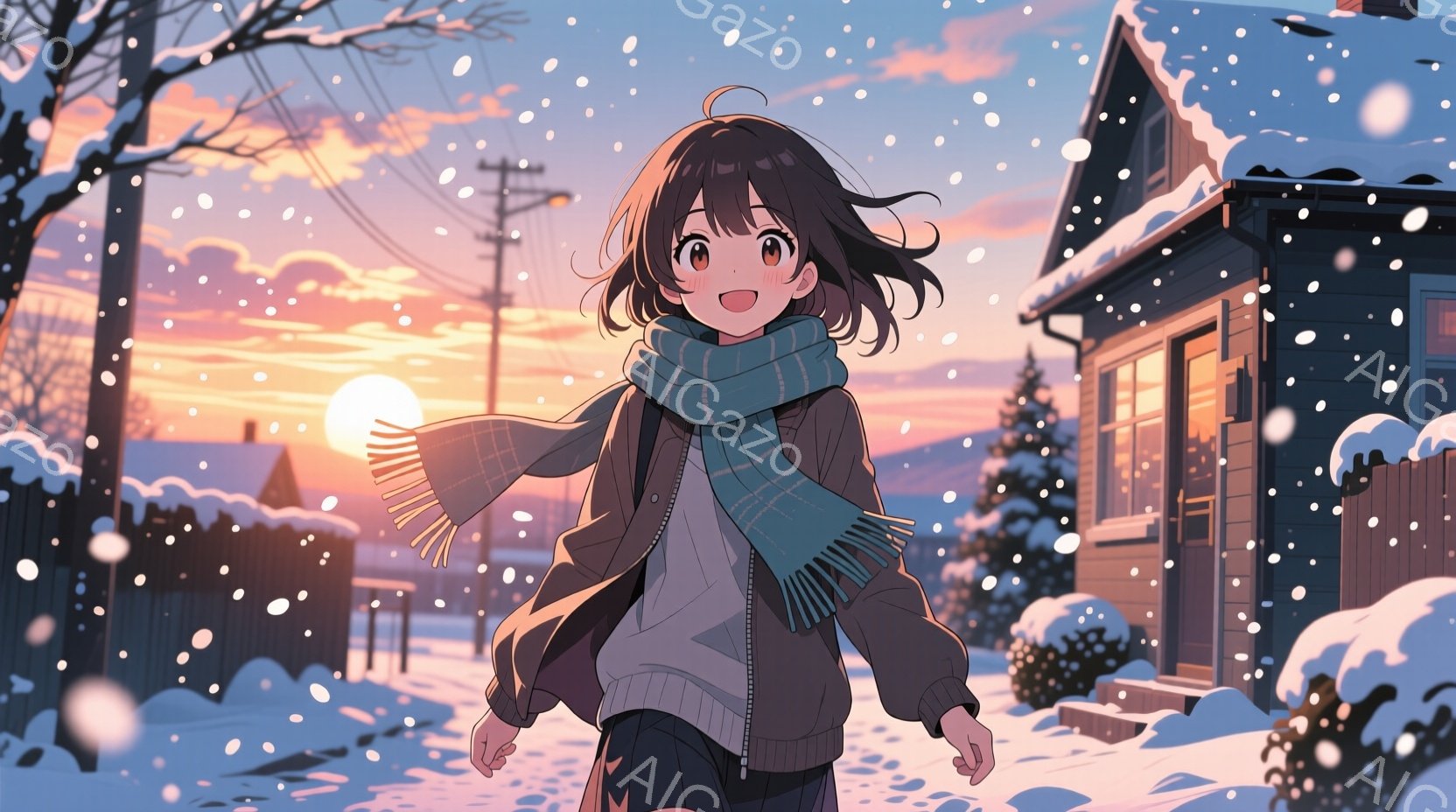 茶色の短い髪の少女が、雪の降る道を歩いている。彼女は白いセーターにジャケット、そしてターコイズブルーのストールを巻き、表情は明るく微笑んでいる。背景には雪で覆われた家々と木々、そして夕焼けのような空が - AI生成フリー素材