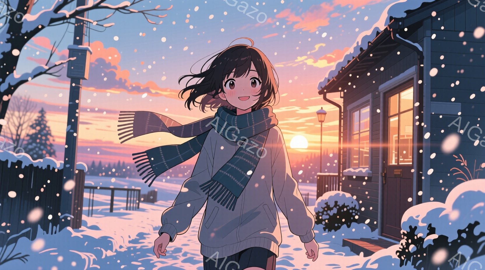 短い茶色の髪の少女が雪の降る道を進んでいます。彼女はチェック柄のセーターとマフラーを身につけ、表情は明るく幸せそうです。背景には雪で覆われた木々と、温かい光が灯る小さな家があり、夕焼け空が幻想的な雰囲気を醸し出しています。