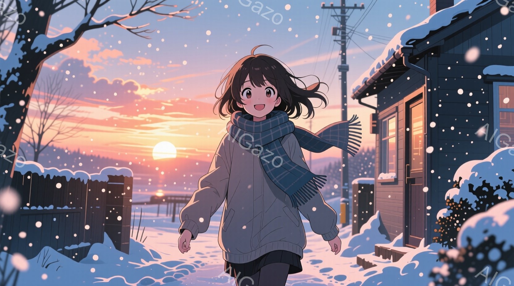 雪が降る夕暮れ時の街並みを、短い髪に青いマフラーを巻いた少女が歩いている。彼女は白いジャンパーと黒いスカートを着ており、少し頬を赤らめて笑顔を見せている。背景には雪で覆われた木々、家々、そしてオレンジ - AI生成フリー素材