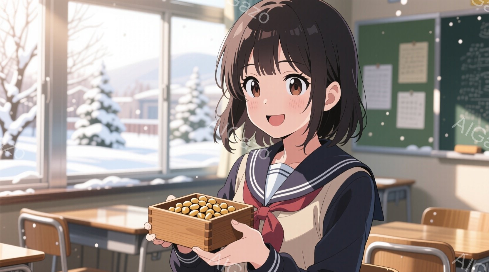 茶髪の少女が教室で木の箱に入った栗を手に持っています。彼女はセーラー服を着ており、頬を赤らめ、微笑んでいます。窓の外には雪景色が広がり、冬の教室の暖かく穏やかな雰囲気を醸し出しています。