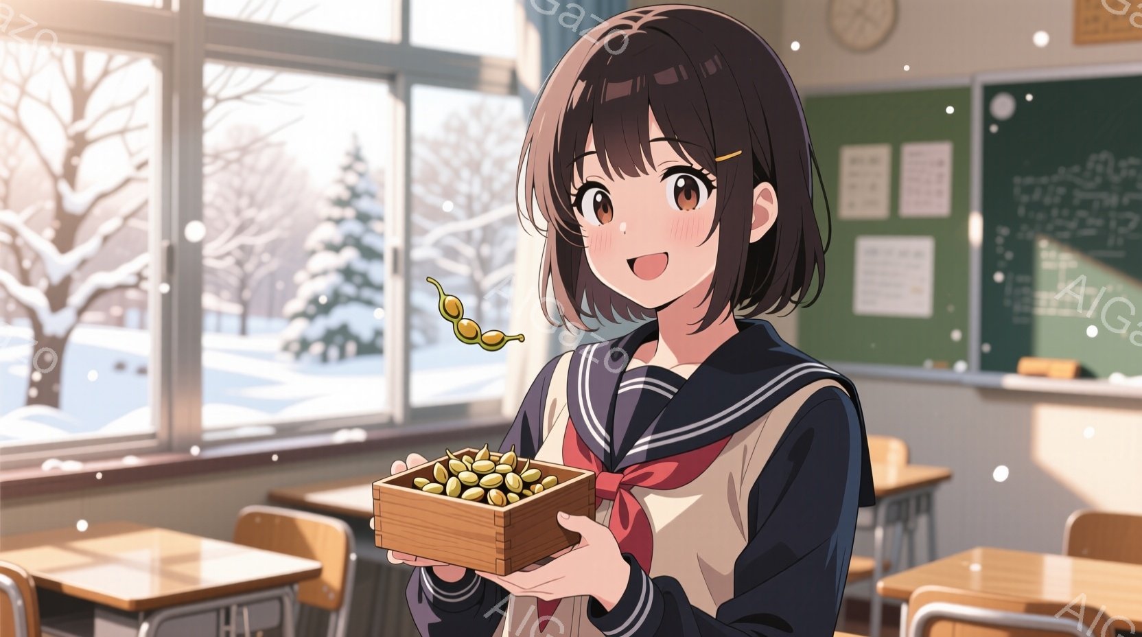 茶髪のショートヘアの少女が、制服を着て教室に立っています。彼女は木製の箱いっぱいの栗を抱え、嬉しそうな表情をしています。窓の外は雪景色で、教室には机と椅子が並び、冬の暖かく穏やかな雰囲気が漂っています - AI生成フリー素材