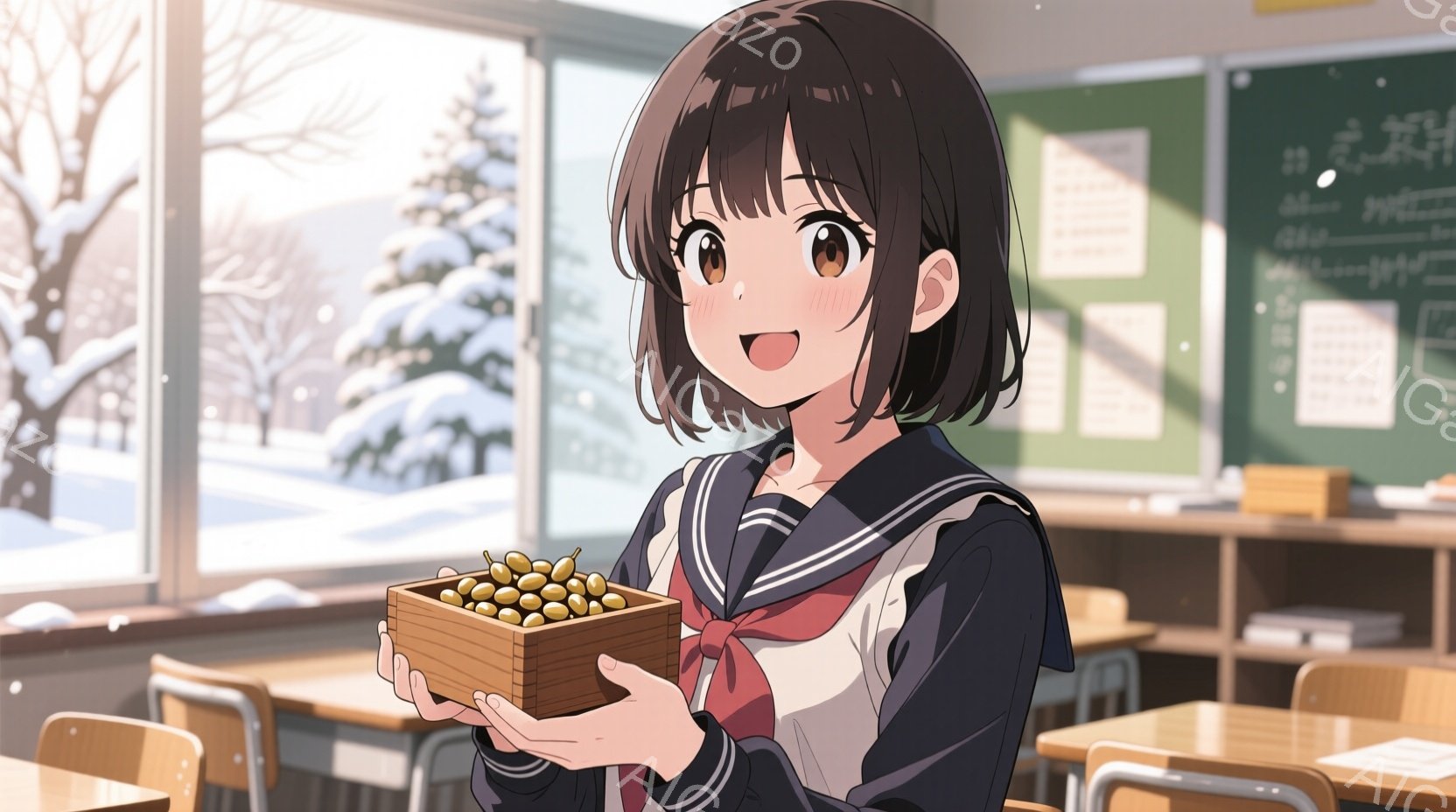 短い茶色の髪に、前髪が少しだけ頬にかかっている女の子が描かれています。彼女は紺色のセーラー服を着ており、赤いリボンがアクセントになっています。教室の窓から差し込む光の中で、木製の箱に入った栗を両手で大切そうに抱え、穏やかな笑顔を浮かべています。