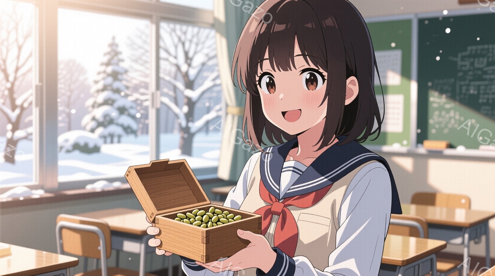 茶髪の少女が、学校の教室で木箱に入った緑色の豆を手に持っています。彼女はセーラー服を着ており、表情は明るく、少し照れているように見えます。背景には雪景色が広がり、教室には机と椅子が並び、穏やかで温かい雰囲気が漂っています。