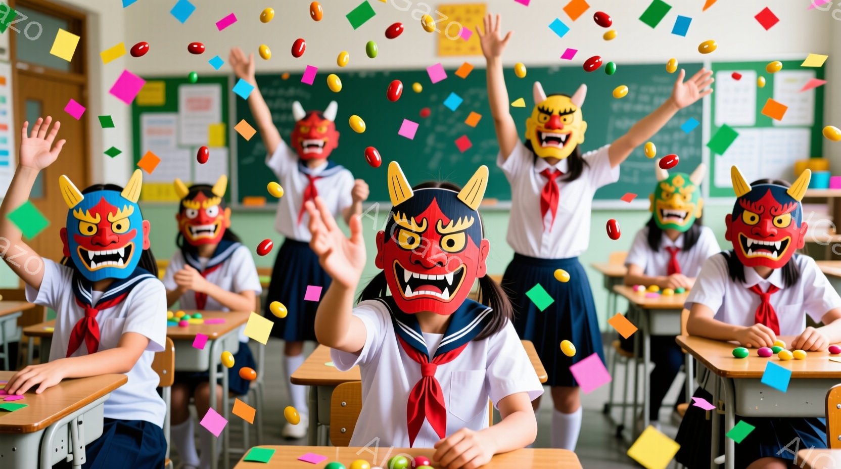 教室の中で、女子学生たちが鬼の面をかぶって、手を高く上げています。制服姿で、赤いリボンと白いソックスを履き、カラフルな紙吹雪とキャンディーが教室中に舞っています。背景には黒板があり、全体的に活気があり、お祭り騒ぎのような雰囲気です。