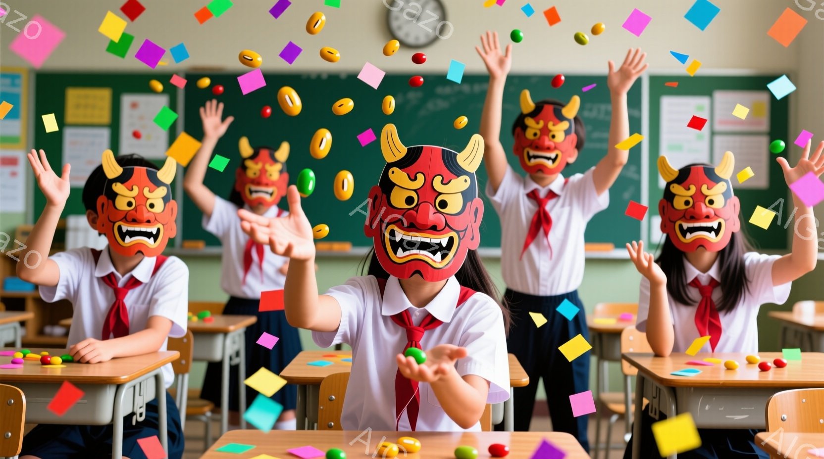 教室にいる生徒たちは皆、赤い鬼の面をつけ、制服姿で両手を高く上げています。カラフルな紙吹雪とキャンディーが空中に舞い上がり、明るく楽しい雰囲気を醸し出しています。背景には机と椅子が並び、壁にはポスターが貼られ、学校の教室であることがわかります。