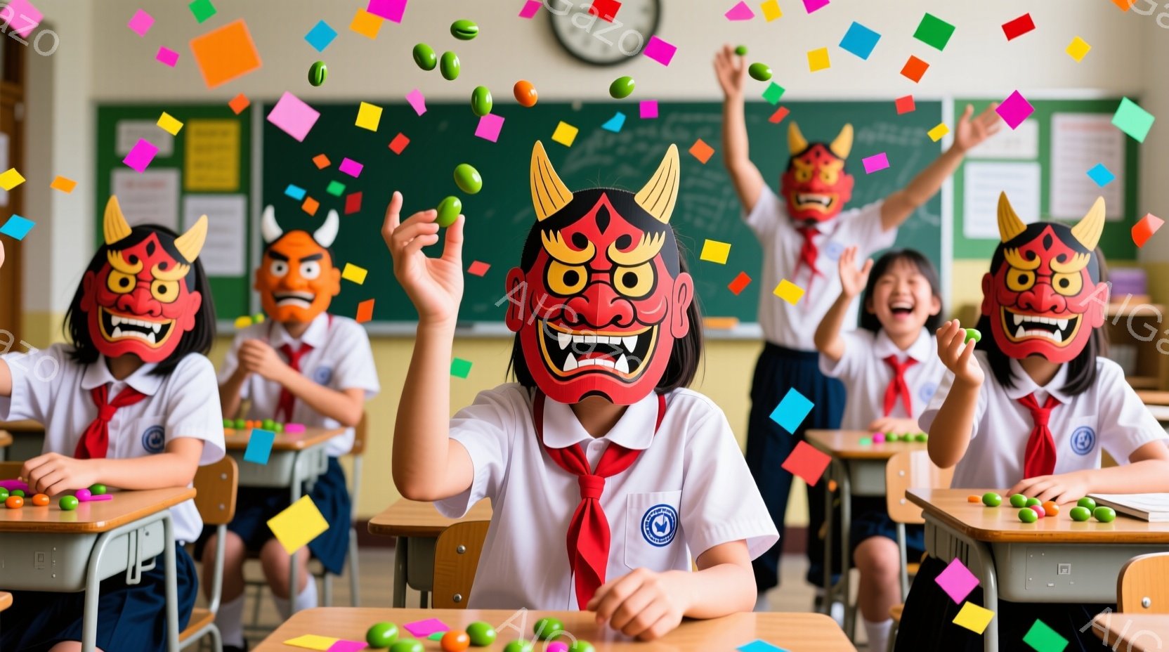教室の中で、小学生の女の子たちが鬼のお面をかぶって楽しそうに手を上げています。制服は白いブラウスと紺色のスカートで、赤いネクタイと靴下を着用し、髪は短く整えられています。背景には黒板と机があり、カラフルな紙吹雪と緑色の豆が教室内に舞い、陽気で活気のある雰囲気を醸し出しています。