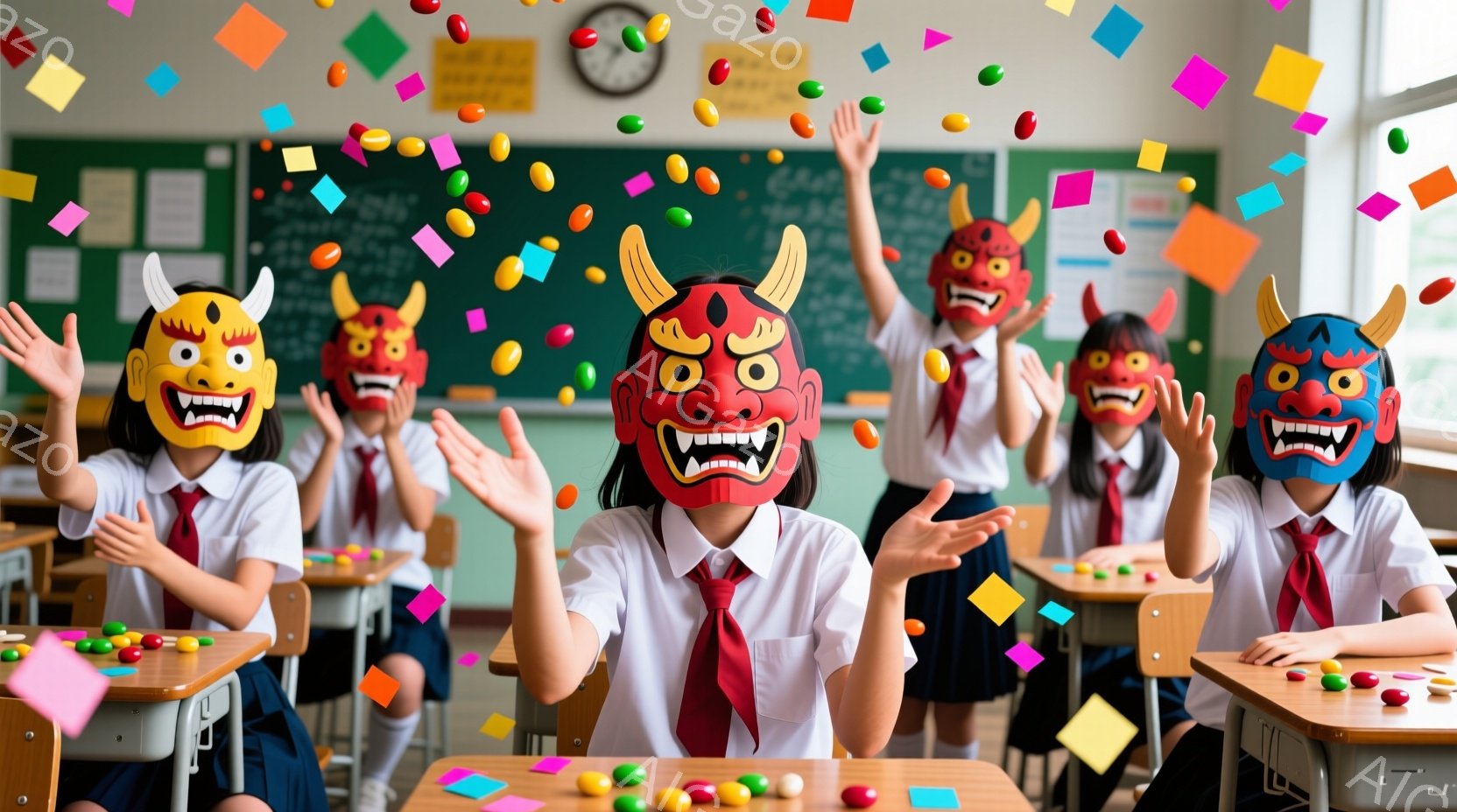 学生たちは皆、日本の伝統的な鬼の面を付けて教室で腕を上げています。紺色のブレザーと白いシャツ、赤いネクタイという制服を着ており、明るい色の紙吹雪が教室中に舞い上がっています。教室には机と椅子が整然と並び、黒板には何かの文字が書かれており、活気のあるお祭りのような雰囲気が漂っています。