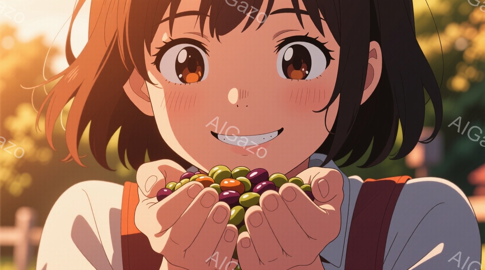 短い茶色の髪に、少し赤みを帯びた頬を持つ若い女性が描かれています。彼女は微笑んでおり、両手に色とりどりの豆をたくさん抱えています。背景には緑豊かな木々と、暖かく柔らかな光が差し込む自然の風景が広がって - AI生成フリー素材