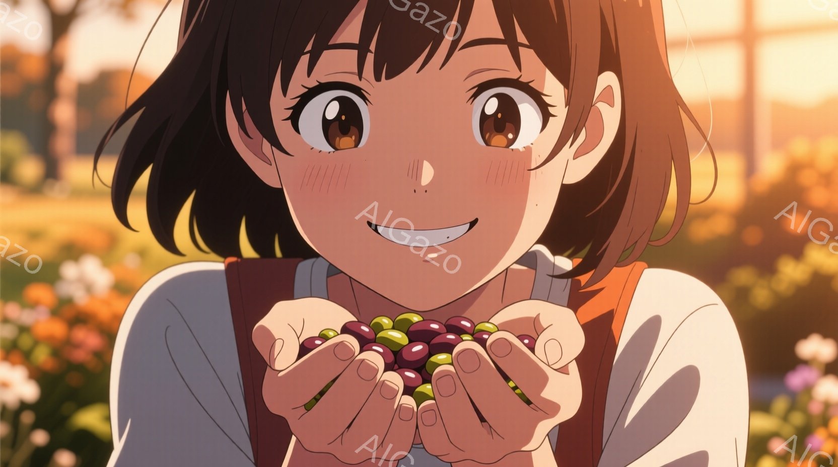 少女は、明るい笑顔で両手に色とりどりの豆を広げています。彼女は、クリーム色のブラウスにオレンジ色のベストを着ており、茶色のゆるふわなショートヘアをしています。背景には、色とりどりの花が咲き乱れる草原と - AI生成フリー素材