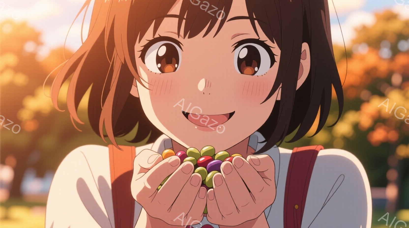 茶色の髪の短い女性が、両手にカラフルなキャンディーをたくさん抱えています。彼女は白いシャツとオレンジ色のサスペンダーを着ており、頬は赤く、笑顔で楽しそうにしています。背景には緑豊かな木々とぼやけた光が広がり、暖かく穏やかな雰囲気を醸し出しています。