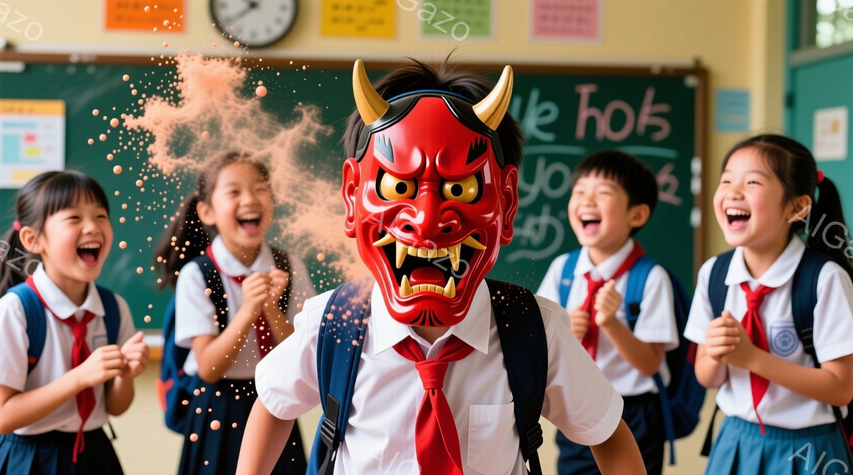 教室で、鬼の面をつけた男の子を中心に、制服を着た女の子たちが楽しそうに笑っている様子が写っている。男の子は赤い鬼の面で顔を隠し、制服姿で正面を見据えており、背景には黒板と時計、そして楽しそうなイラスト - AI生成フリー素材