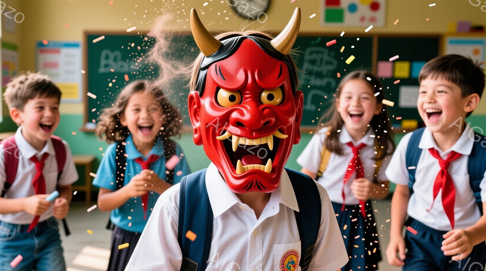 教室で、鬼の面をつけた少年が中央に立っています。彼は制服を着てリュックサックを背負い、周囲の楽しそうな子供たちに囲まれています。背景にはカラフルな紙吹雪が舞い、子供たちは皆笑顔で、お祭り騒ぎのような活 - AI生成フリー素材