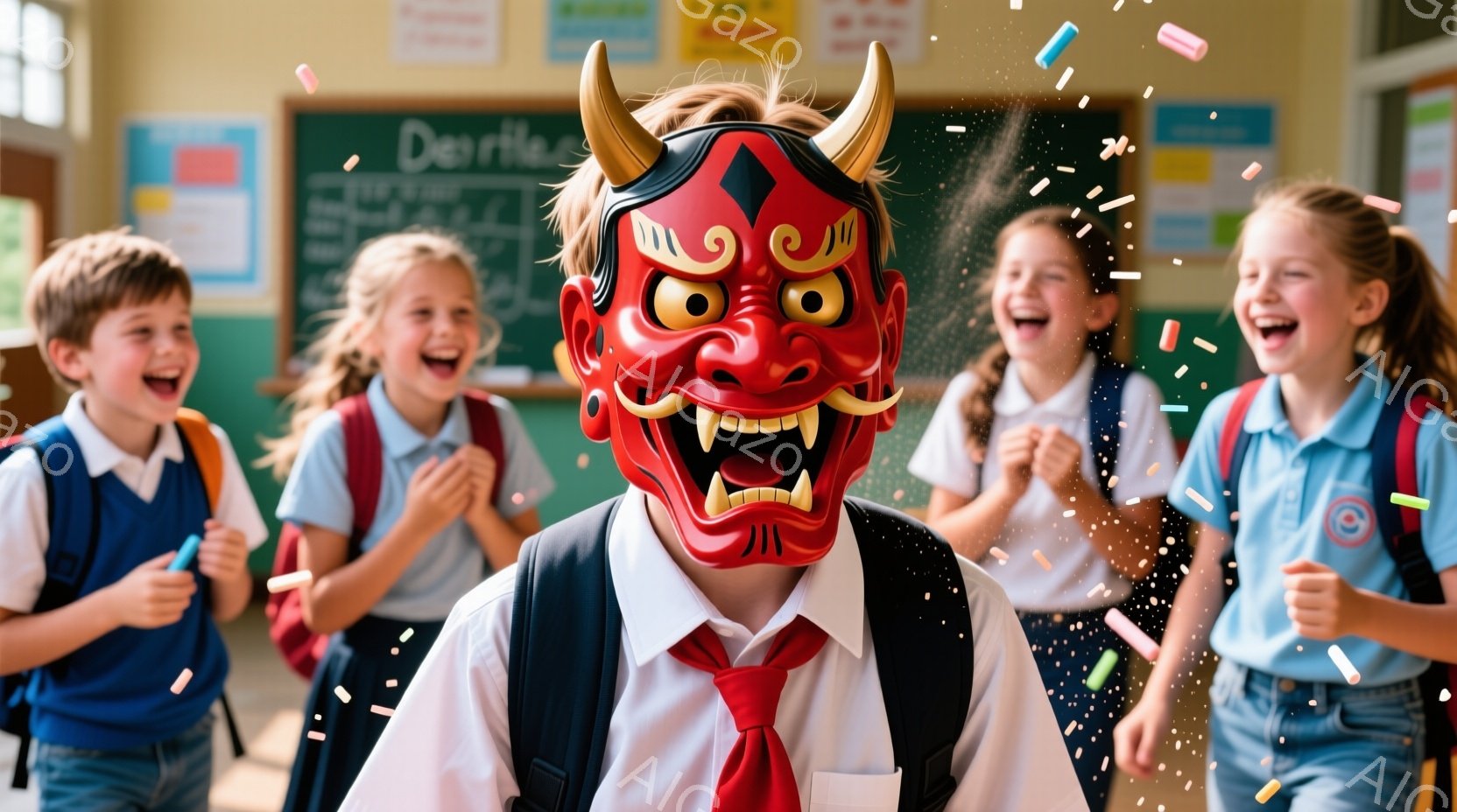 教室を背景に、鬼の面を被った少年が中央に立っている。周りには、明るい表情で歓声を上げる少女たちがおり、教室にはカラフルな紙吹雪が舞っている。少年は制服姿で、面からは鋭い牙が覗き、楽しげな雰囲気と少しの不気味さが混ざり合った様子である。