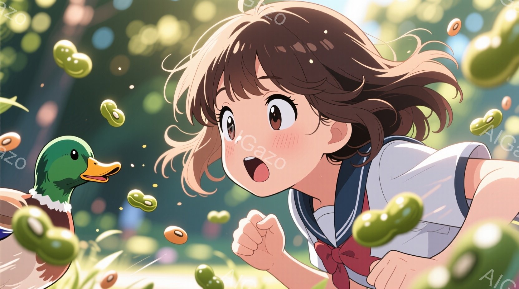 少女はセーラー服を着て、焦った表情で走っている。背景には緑豊かな草地が広がり、空には小さな緑色の豆のようなものが漂っている。全体的に、活気があり、少しコミカルな雰囲気である。