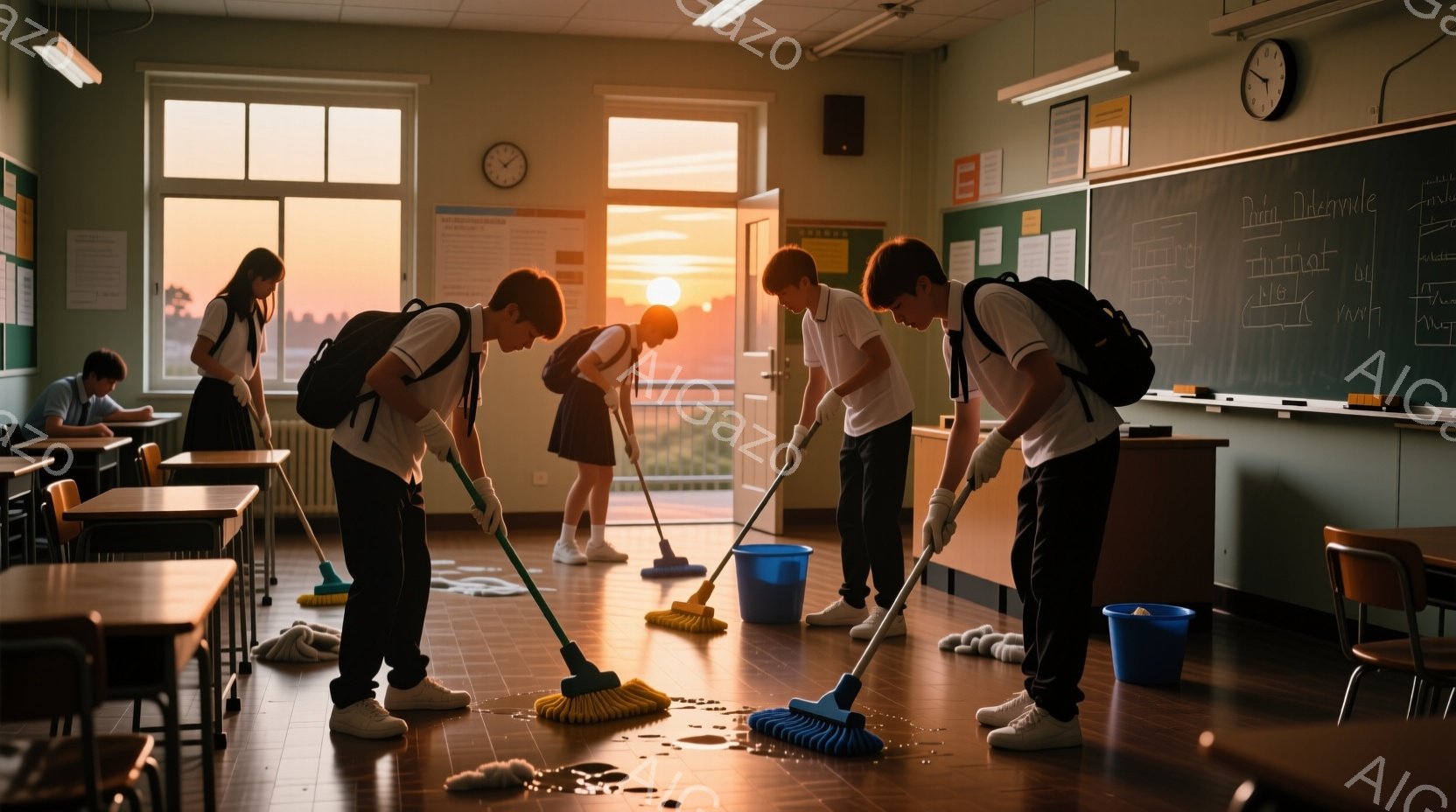 学生たちが教室を掃除している様子が描かれています。制服を着た生徒たちは、モップやほうきを使って床をきれいにしています。窓から差し込む夕日の光が、教室全体を暖かく照らし、清掃活動と夕暮れの静けさが共存する穏やかな雰囲気を作り出しています。