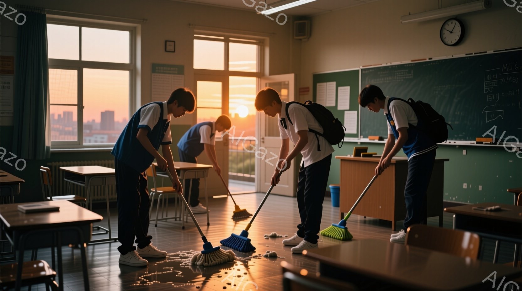 教室で数人の学生がほうきで掃き掃除をしている様子が描かれています。制服姿で、青いズボンに白いシャツを着ており、皆俯いて床に散らばったゴミを掃いています。窓の外には夕焼けが見え、オレンジ色の光が教室内に差し込み、暖かく穏やかな雰囲気を醸し出しています。