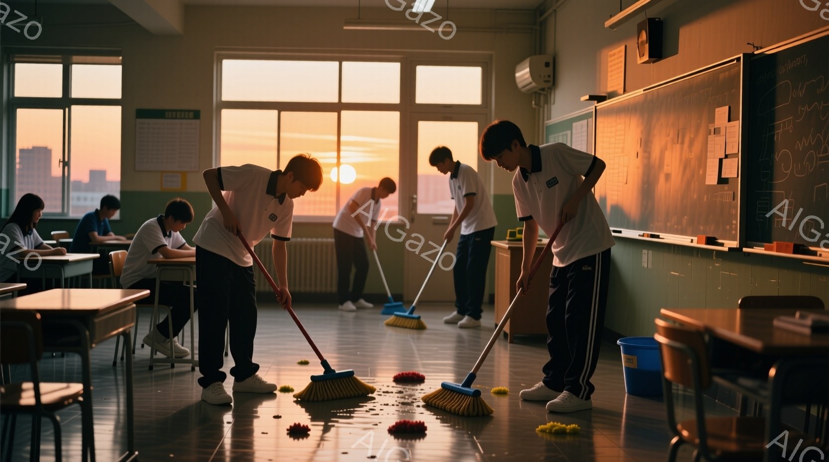 学生たちが教室で掃除をしている様子が描かれています。紺色のズボンと白いシャツを着ており、掃き道具を使って床の落ち葉を集めています。窓からは夕焼けが見え、教室全体が暖かく、穏やかな雰囲気に包まれています。