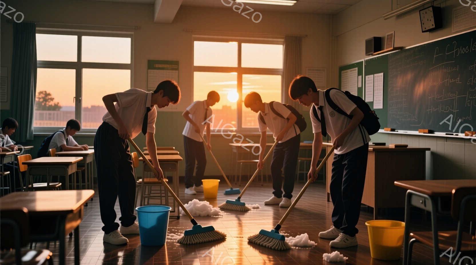 教室で数人の男子学生がほうきで掃き掃除をしている様子が描かれています。紺色のズボンに白いシャツ、ネクタイを着用し、白いスニーカーを履いています。窓から差し込む夕日の光が教室全体をオレンジ色に染め上げ、温かく、静かな雰囲気を醸し出しています。