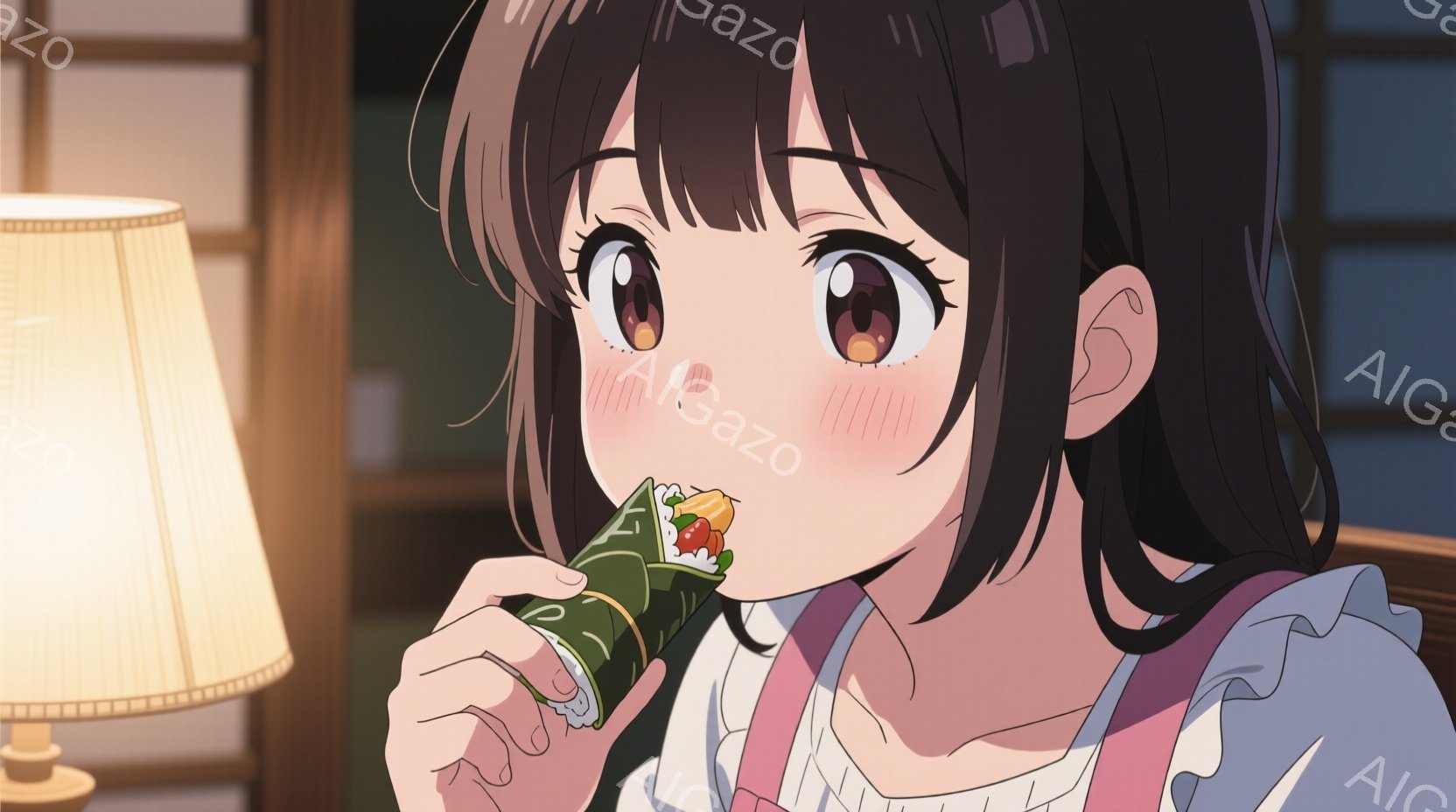 長い黒髪に少し赤みがかった頬をした若い女性が描かれています。彼女は白いブラウスとエプロンを着ており、片手に緑色の海苔巻きのような食べ物を持ち、美味しそうに口に運んでいます。背景にはぼやけた光景が見え、 - AI生成フリー素材