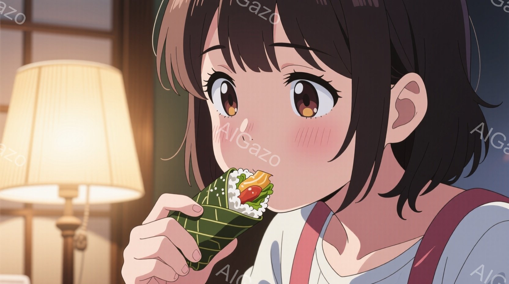 短い黒髪の少女が、一口サイズの海苔巻きを手に持っています。彼女は頬を赤らめ、明るい笑顔で海苔巻きを食べている最中です。背景には、和風の照明とぼんやりとした室内の様子が見え、温かく親しみやすい雰囲気が漂っています。
