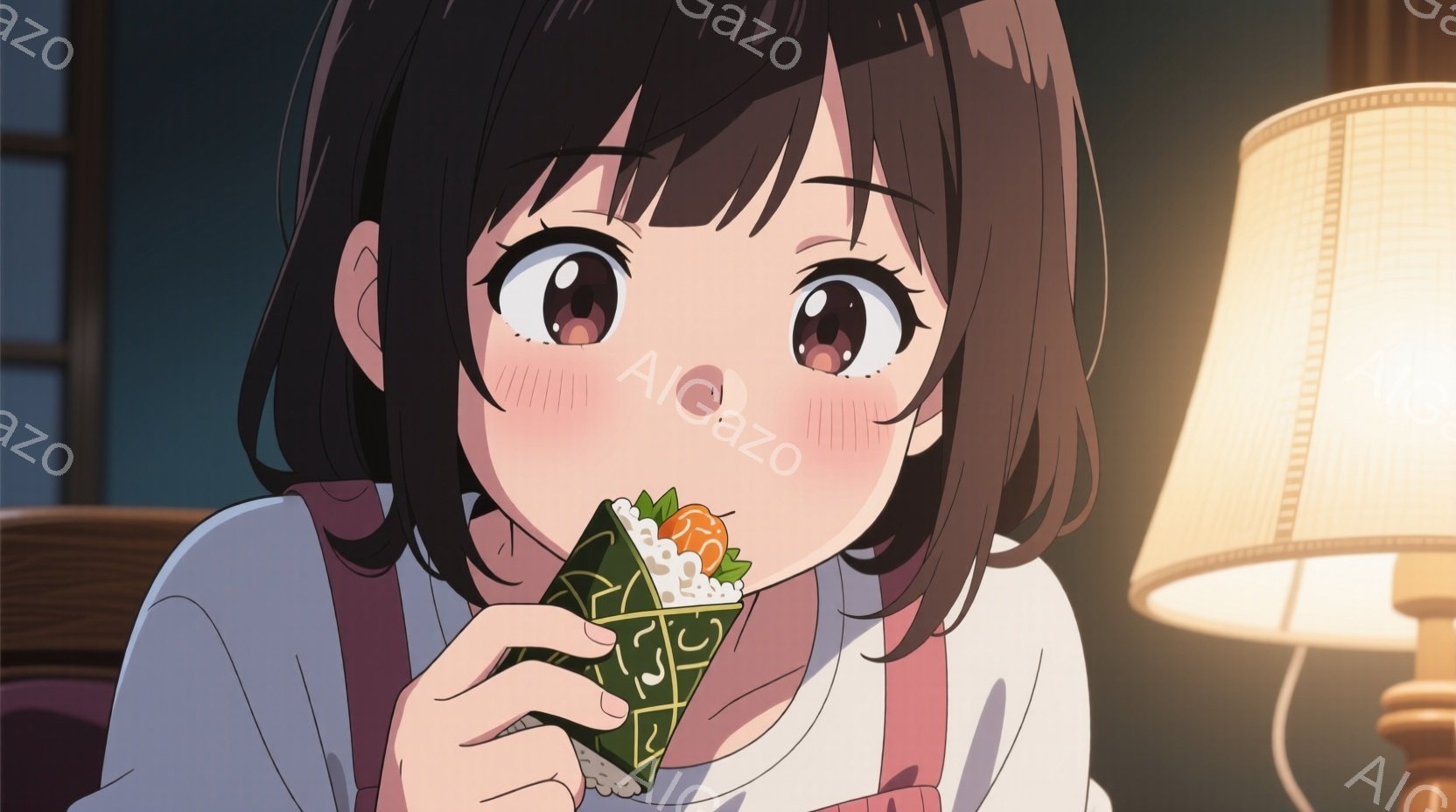 少女は短い茶色の髪で、頬はほんのり赤く染まっています。白いシャツと赤いリボンをつけており、大きな目で美味しそうにおにぎりを食べています。背景にはぼやけた室内が見え、温かい光が彼女を照らしており、幸せで - AI生成フリー素材